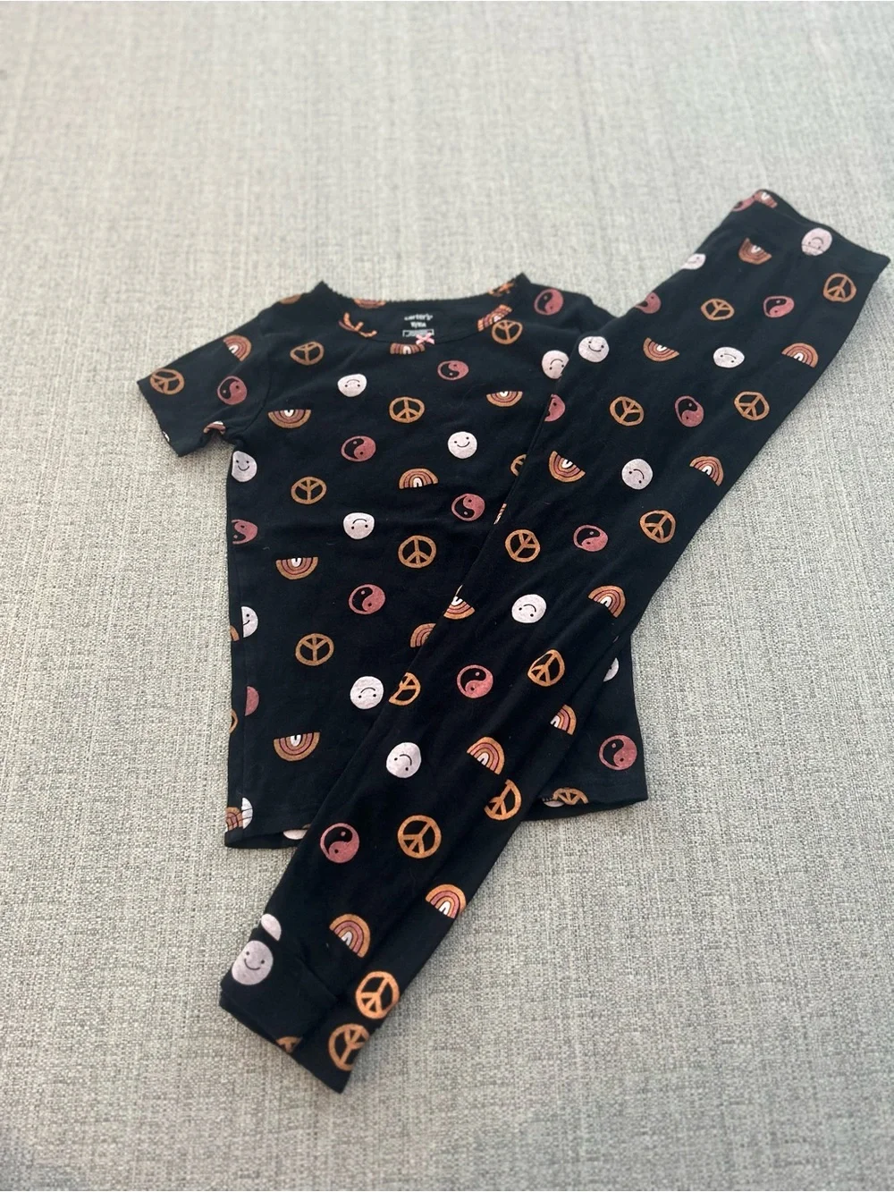 Carter's Black Pajama Set with Peace Signs, Rainbows & Smiley Faces. Size 10